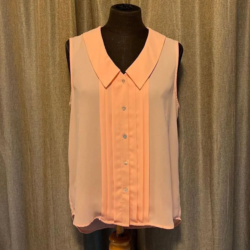 Forever 21 Women's Pink High Low Button Down Pleated Sleeveless Blouse